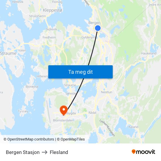 Bergen Stasjon to Flesland map