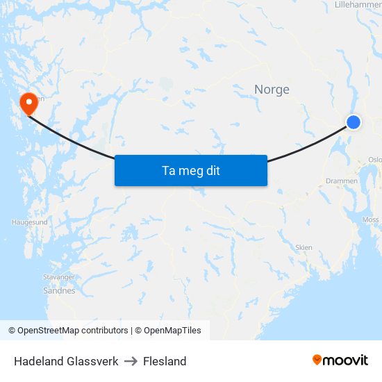 Hadeland Glassverk to Flesland map