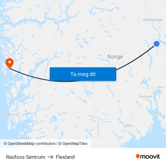 Raufoss Sentrum to Flesland map