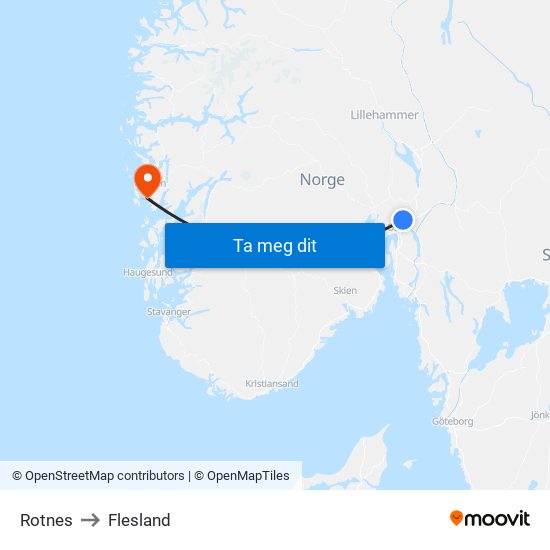 Rotnes to Flesland map