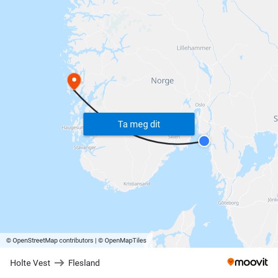 Holte Vest to Flesland map