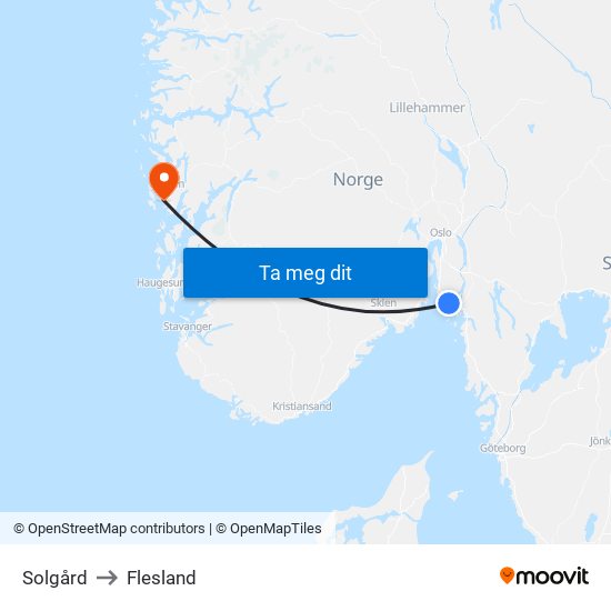 Solgård to Flesland map