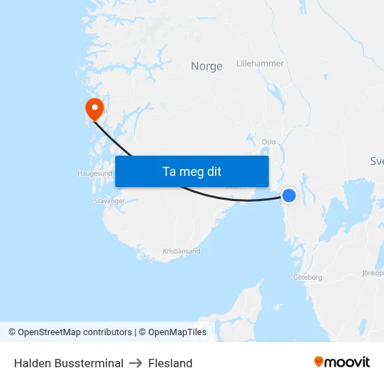 Halden Bussterminal to Flesland map