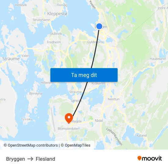Bryggen to Flesland map
