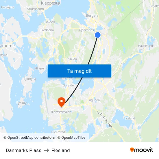 Danmarks Plass to Flesland map