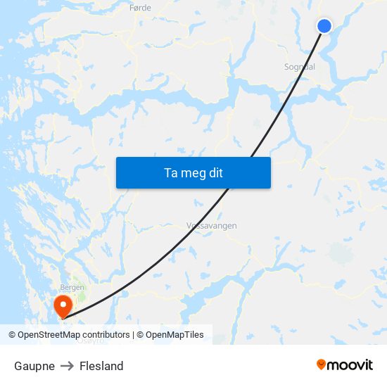 Gaupne to Flesland map