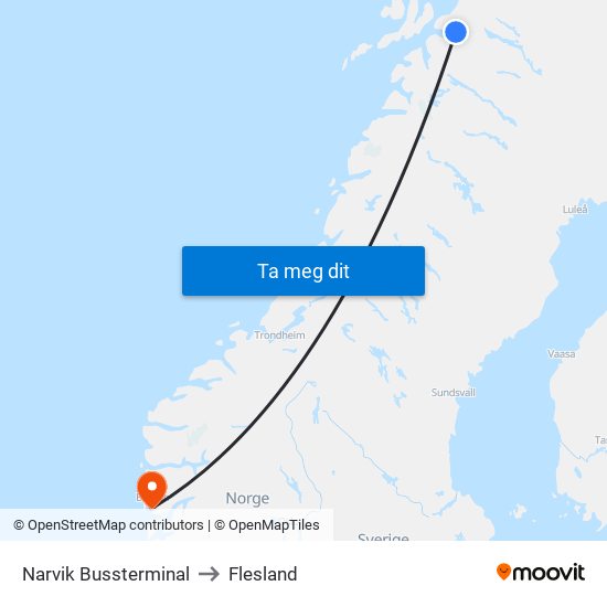 Narvik Bussterminal to Flesland map