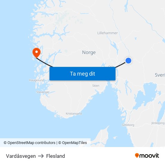 Vardåsvegen to Flesland map