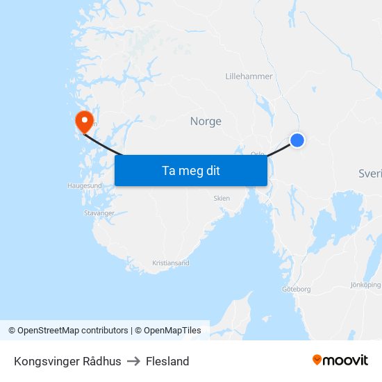 Kongsvinger Rådhus to Flesland map