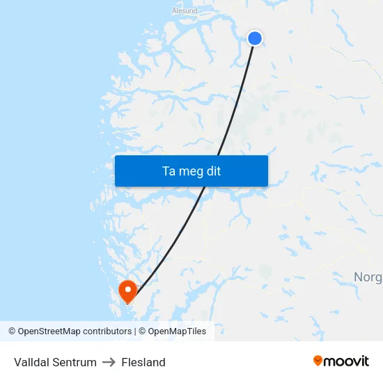 Valldal Sentrum to Flesland map