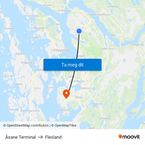 Åsane Terminal to Flesland map