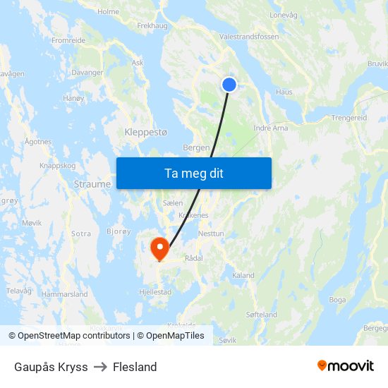 Gaupås Kryss to Flesland map