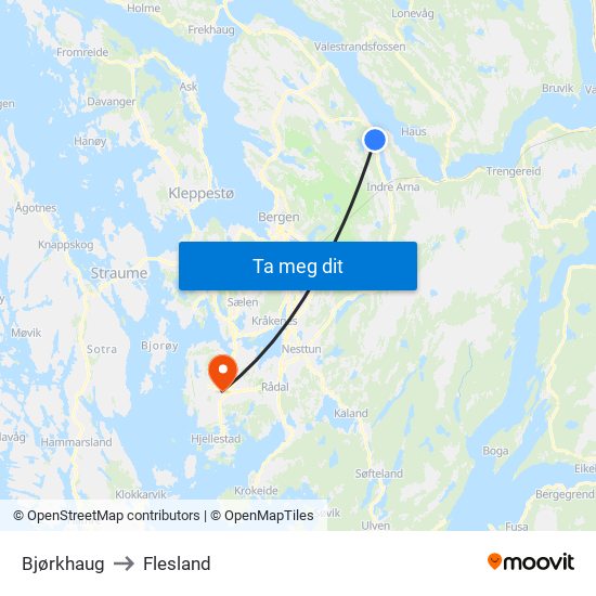 Bjørkhaug to Flesland map