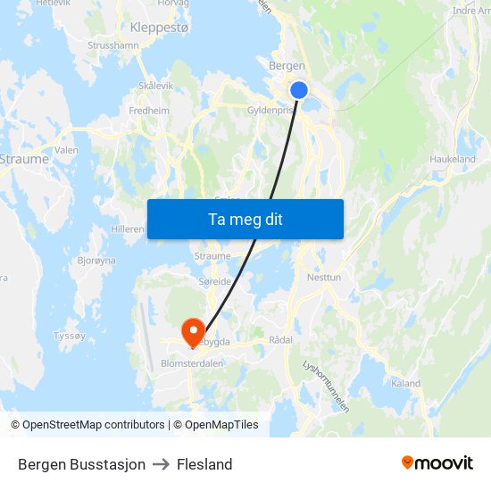 Bergen Busstasjon to Flesland map
