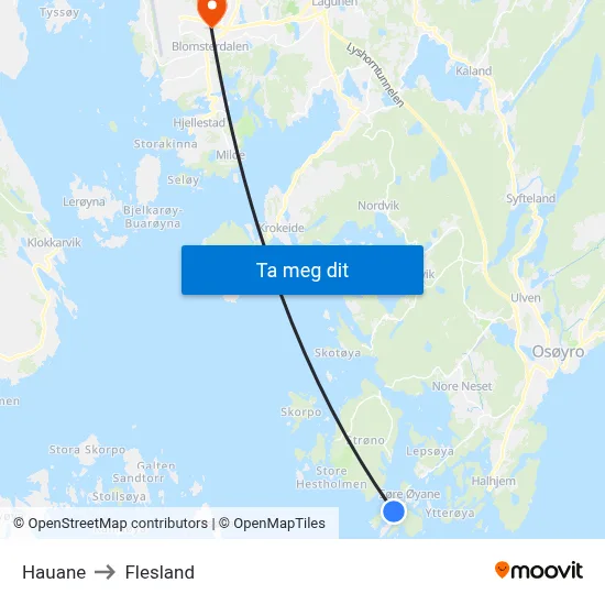 Hauane to Flesland map