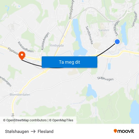 Stølshaugen to Flesland map