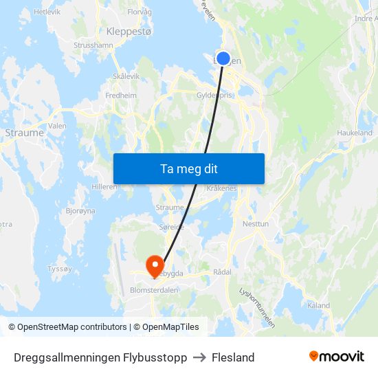 Dreggsallmenningen Flybusstopp to Flesland map