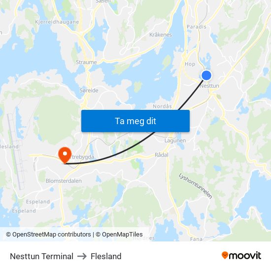 Nesttun Terminal to Flesland map