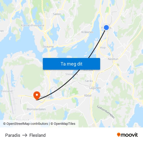 Paradis to Flesland map