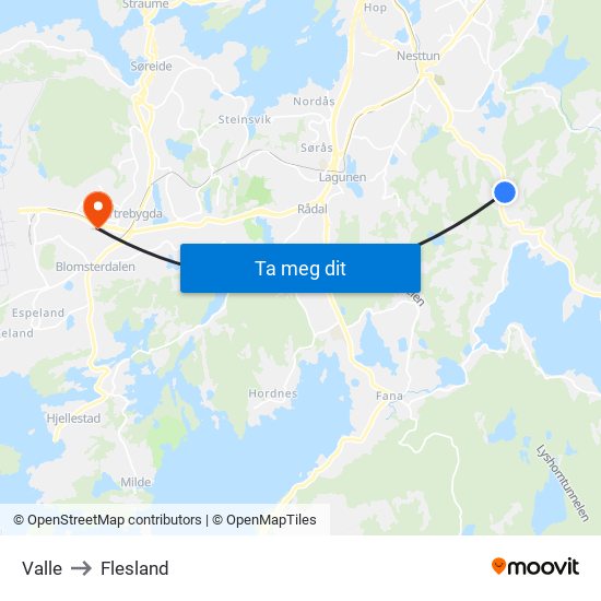 Valle to Flesland map