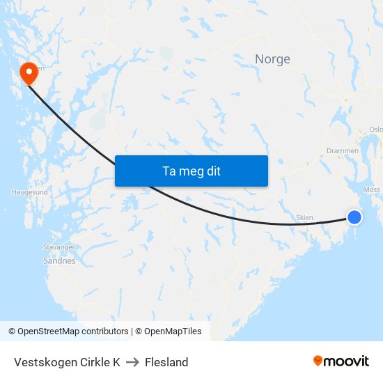 Vestskogen Cirkle K to Flesland map