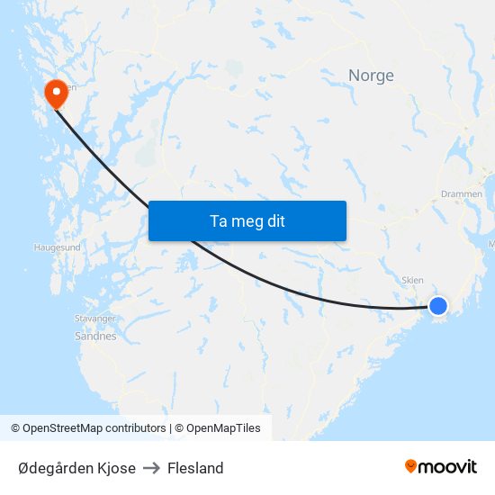Ødegården Kjose to Flesland map
