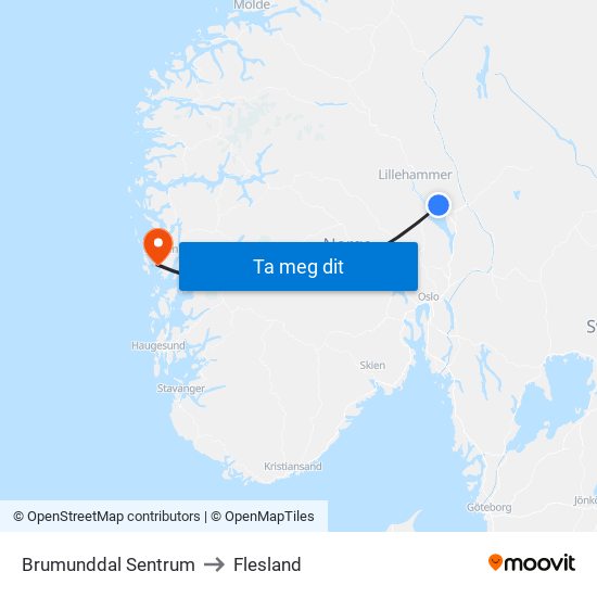 Brumunddal Sentrum to Flesland map