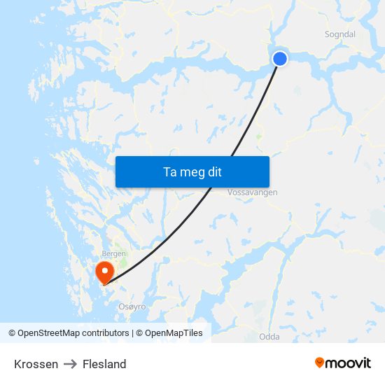 Krossen to Flesland map