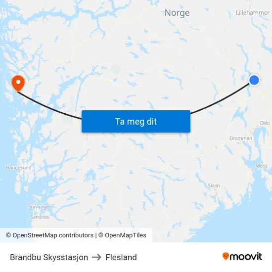 Brandbu Skysstasjon to Flesland map