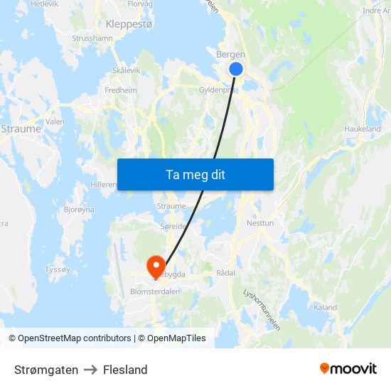 Strømgaten to Flesland map