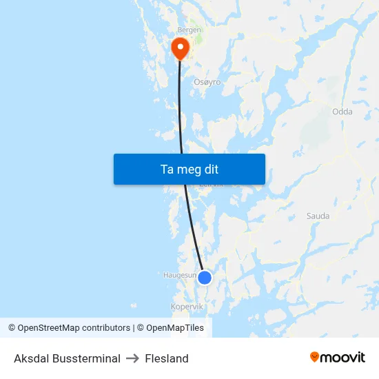Aksdal Bussterminal to Flesland map