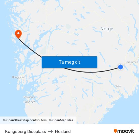 Kongsberg Diseplass to Flesland map