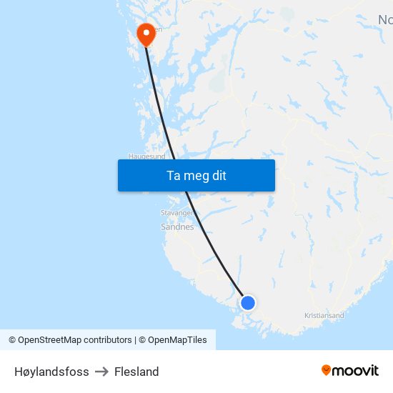 Høylandsfoss to Flesland map