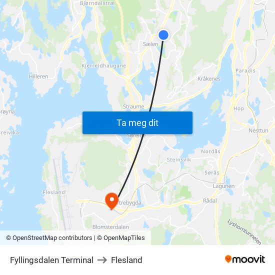 Fyllingsdalen Terminal to Flesland map