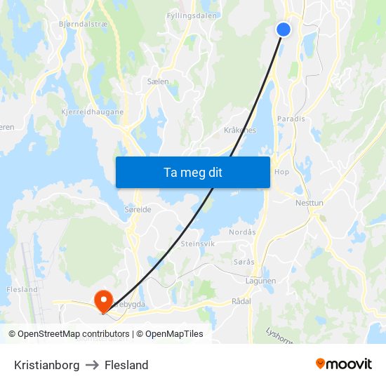 Kristianborg to Flesland map