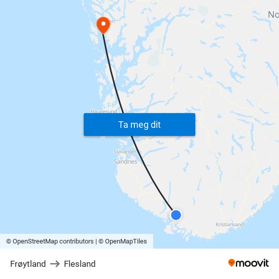 Frøytland to Flesland map