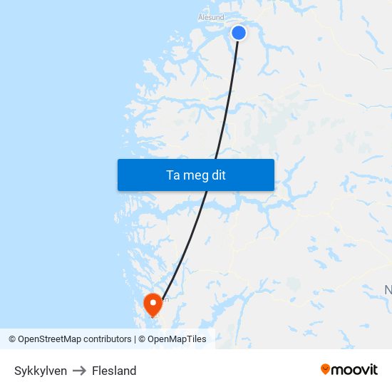 Sykkylven to Flesland map