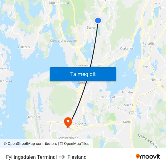 Fyllingsdalen Terminal to Flesland map