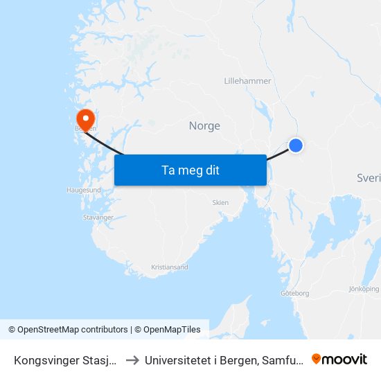 Kongsvinger Stasjon Glommengata to Universitetet i Bergen, Samfunnsvitenskapelig fakultet map