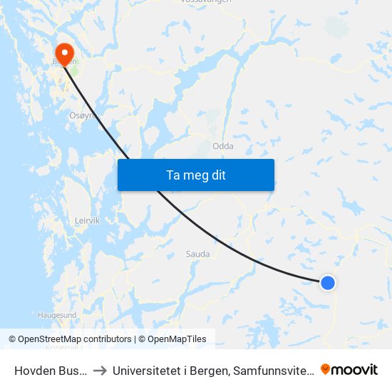 Hovden Busstasjon to Universitetet i Bergen, Samfunnsvitenskapelig fakultet map