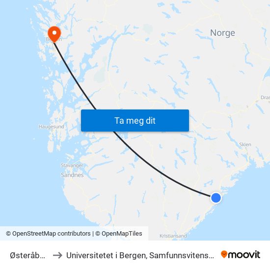 Østeråbakken to Universitetet i Bergen, Samfunnsvitenskapelig fakultet map