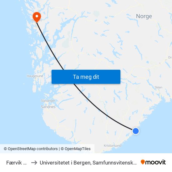 Færvik Kirke to Universitetet i Bergen, Samfunnsvitenskapelig fakultet map