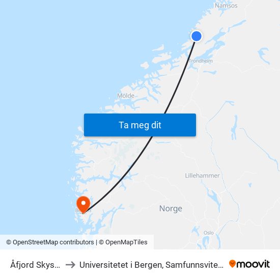 Åfjord Skysstasjon to Universitetet i Bergen, Samfunnsvitenskapelig fakultet map