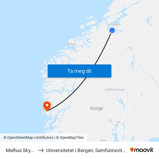 Melhus Skysstasjon to Universitetet i Bergen, Samfunnsvitenskapelig fakultet map