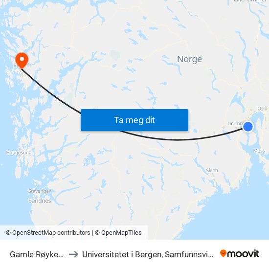 Gamle Røyken Rådhus to Universitetet i Bergen, Samfunnsvitenskapelig fakultet map