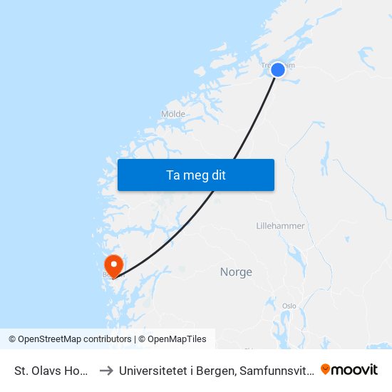 St. Olavs Hospital Øst to Universitetet i Bergen, Samfunnsvitenskapelig fakultet map