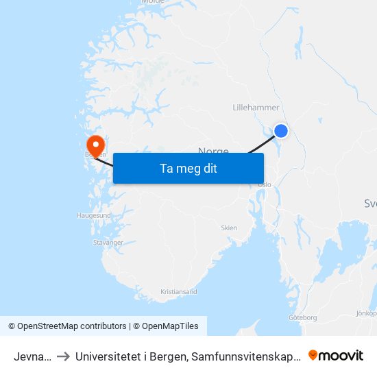 Jevnaker to Universitetet i Bergen, Samfunnsvitenskapelig fakultet map