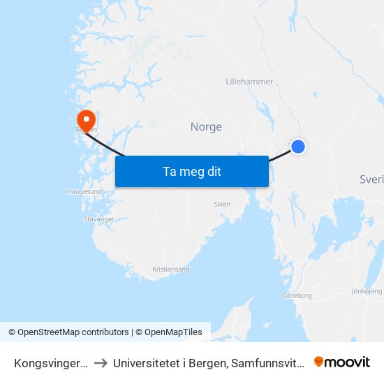 Kongsvinger Stasjon to Universitetet i Bergen, Samfunnsvitenskapelig fakultet map