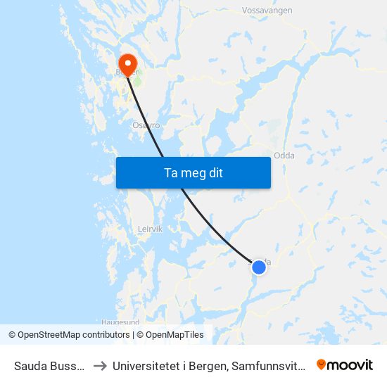 Sauda Bussterminal to Universitetet i Bergen, Samfunnsvitenskapelig fakultet map