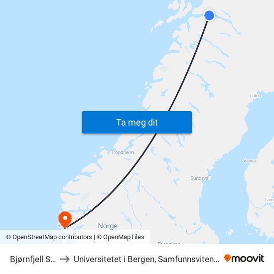 Bjørnfjell Stasjon to Universitetet i Bergen, Samfunnsvitenskapelig fakultet map